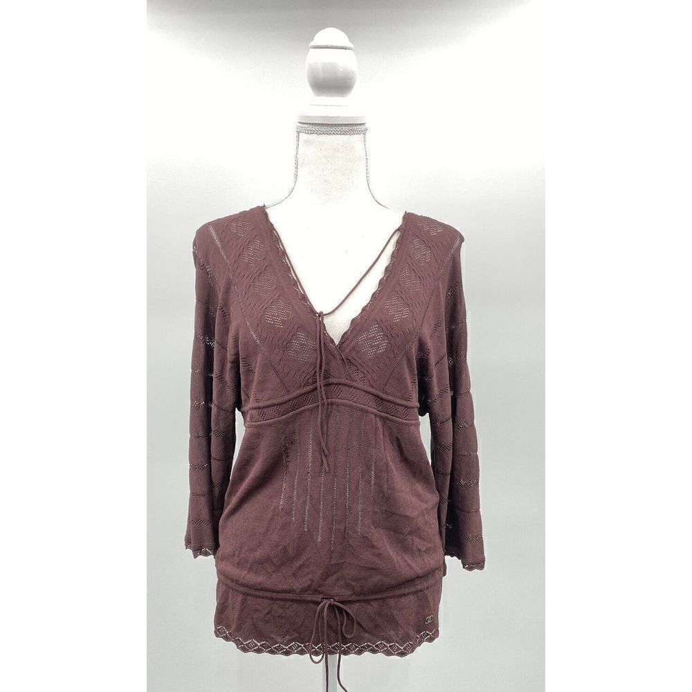 Chanel Vintage Knit Blouse Brown Long Sleeve Crotchet Logo Boho Tunic Sz 38